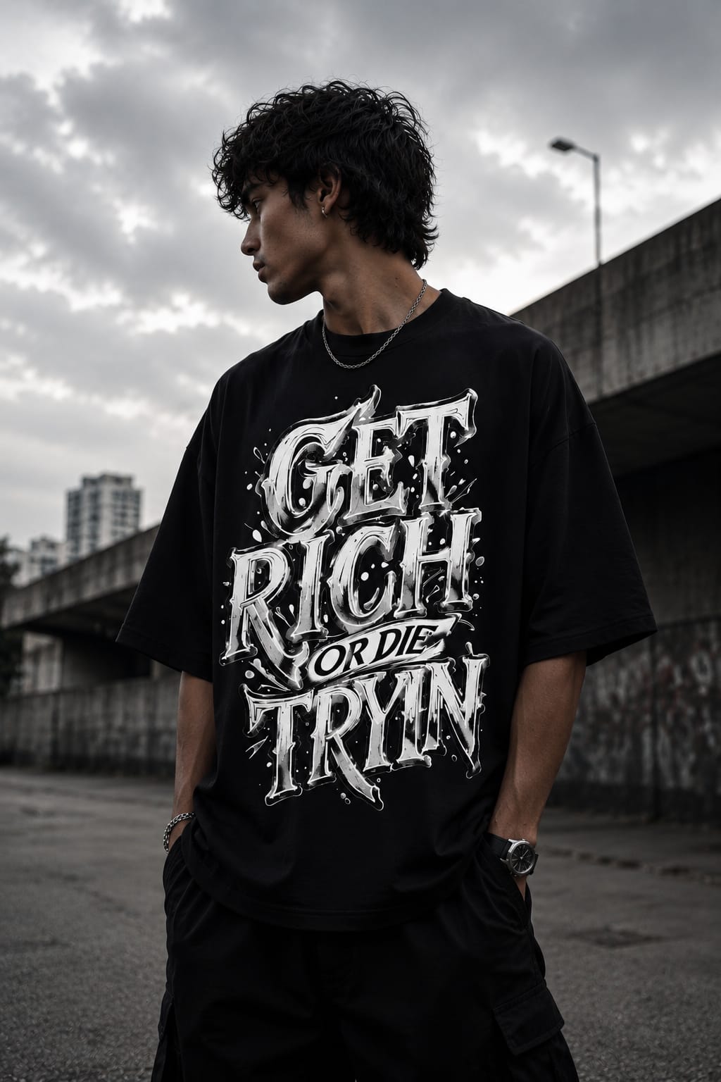Picture of Get Rich Or Die Tryin Oversized T-Shirt | Hustle Mindset Graphic Tee | Premium 260 GSM Cotton Unisex