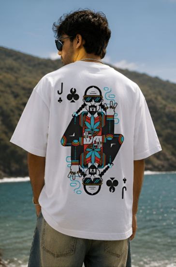 Picture of Club Jack Graphic Oversized T-Shirt – White Playing Card Back Print Drop Shoulder Streetwear Tee