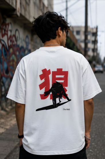 Picture of The Wolf Oversized T-Shirt – White Japanese Graphic Back Print Drop Shoulder Streetwear Tee