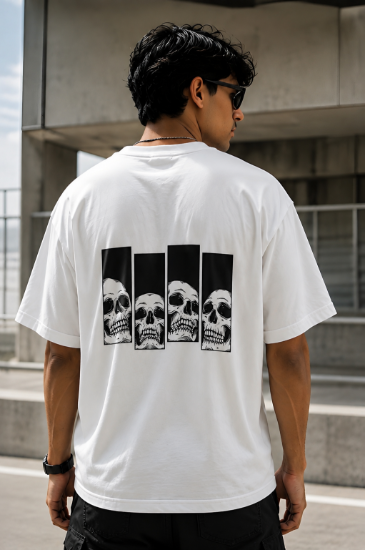 Picture of Four Skulls Oversized T-Shirt – White Gothic Back Print Drop Shoulder Streetwear Tee