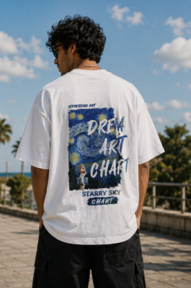 Picture of Dream Art Starry Sky Oversized T-Shirt – White Artistic Back Print Drop Shoulder Streetwear Tee