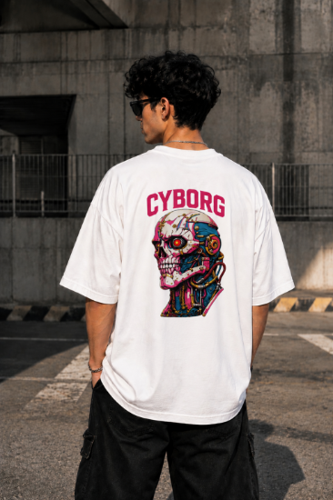 Picture of Cyborg Skull Oversized T-Shirt – White Futuristic Graphic Back Print Drop Shoulder Streetwear Tee