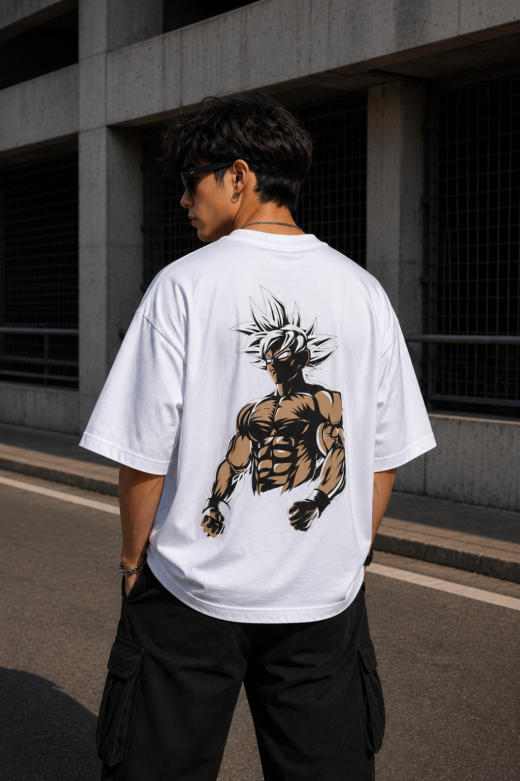 Picture of Cyborg Skull Oversized T-Shirt – White Futuristic Graphic Back Print Drop Shoulder Streetwear Tee - copy - copy - copy