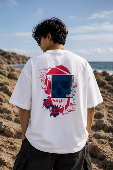 Picture of Cyborg Skull Oversized T-Shirt – White Futuristic Graphic Back Print Drop Shoulder Streetwear Tee - copy - copy - copy - copy - copy - copy