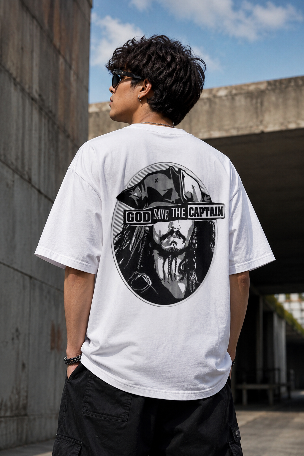 Picture of Cyborg Skull Oversized T-Shirt – White Futuristic Graphic Back Print Drop Shoulder Streetwear Tee - copy